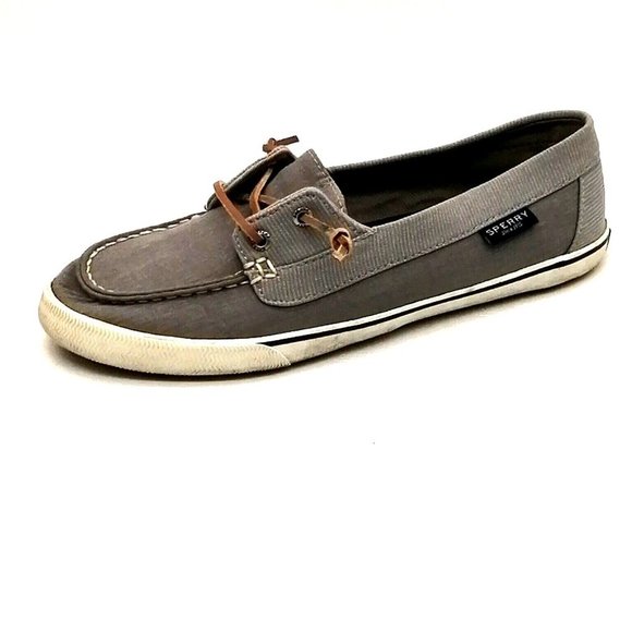 Sperry Womens Boat Shoe Gray Rawhide Laces Inside Elastic Stretch‎ Round Toe 9.5 - Picture 1 of 10